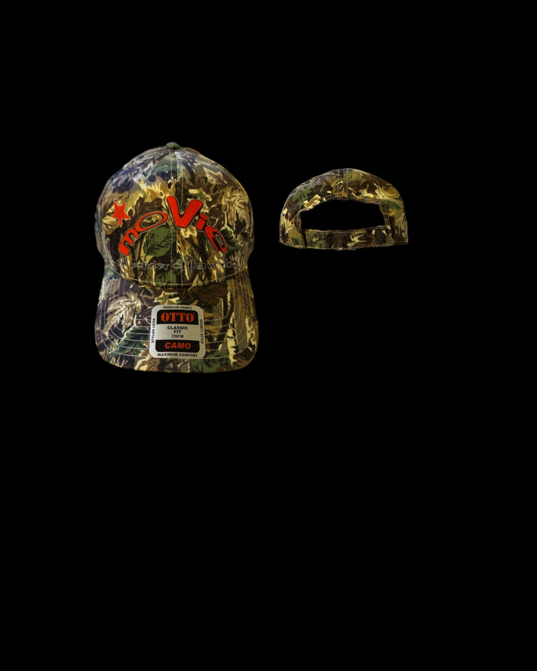 moVie camo cap orange font